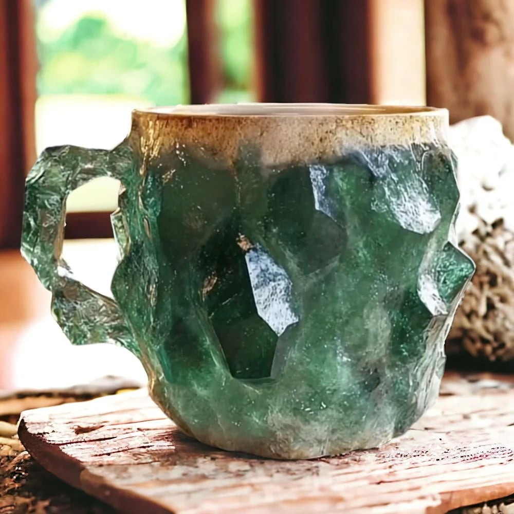 Vibrant unique crystal coffee mug, an artisan gemstone tea cup, ideal for spiritual home decor.