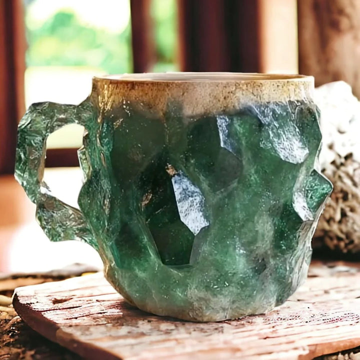 Vibrant unique crystal coffee mug, an artisan gemstone tea cup, ideal for spiritual home decor.