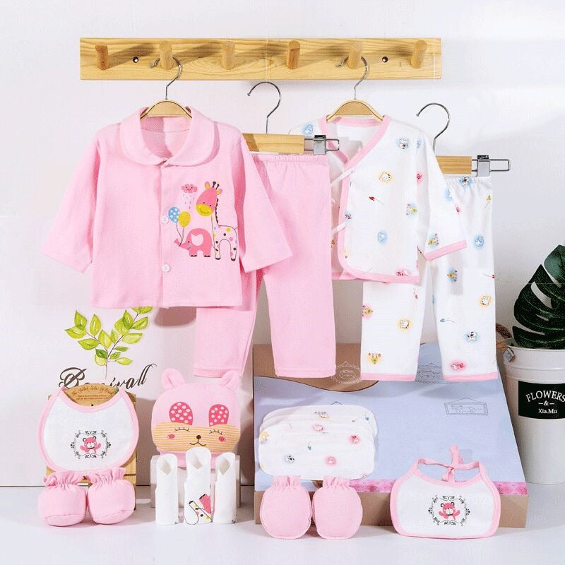Unisex 0-3M infant cotton clothing set (18 pcs) with cute animal pattern print, long sleeve bodysuit