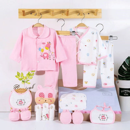 Unisex 0-3M infant cotton clothing set (18 pcs) with cute animal pattern print, long sleeve bodysuit
