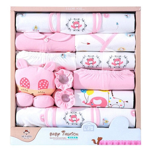 Full lay flat view of 18-piece unisex infant cotton outfit set with various casual baby clothes