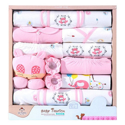 Full lay flat view of 18-piece unisex infant cotton outfit set with various casual baby clothes