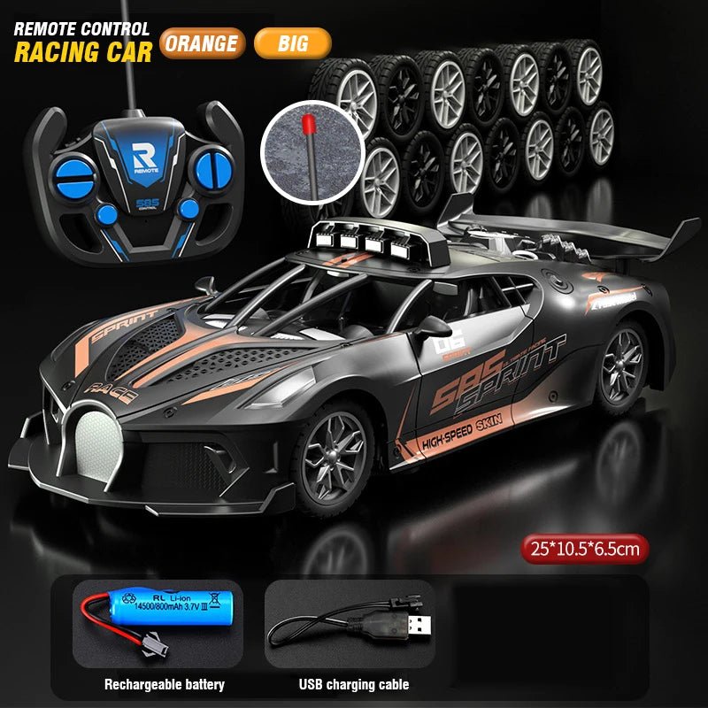Top view of a robust 1:18 scale RC drift car. Durable unisex electric remote control toy for kids.