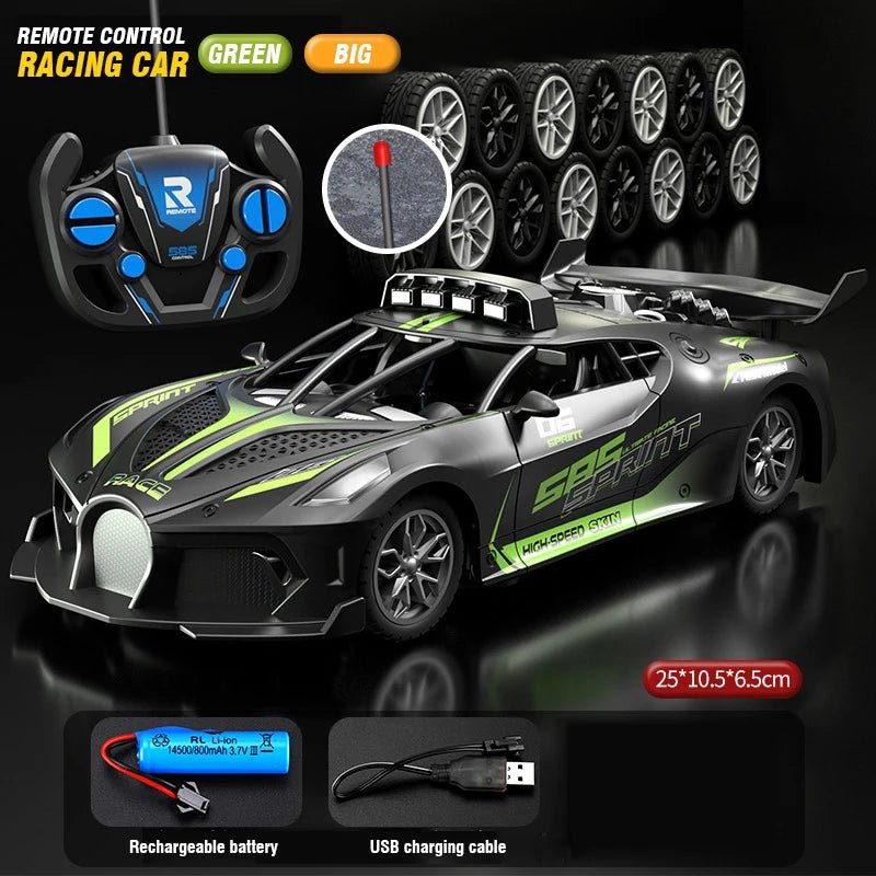 Unisex 1:18 scale RC drift car racing on a track. Durable remote control electric toy for kids.