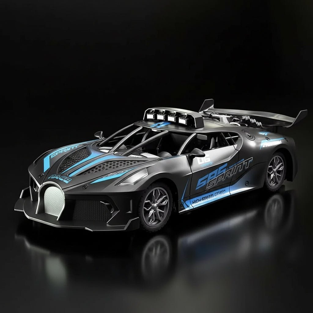 High-grip tires on a unisex 1:18 scale RC drift car. Durable remote control electric toy for kids.