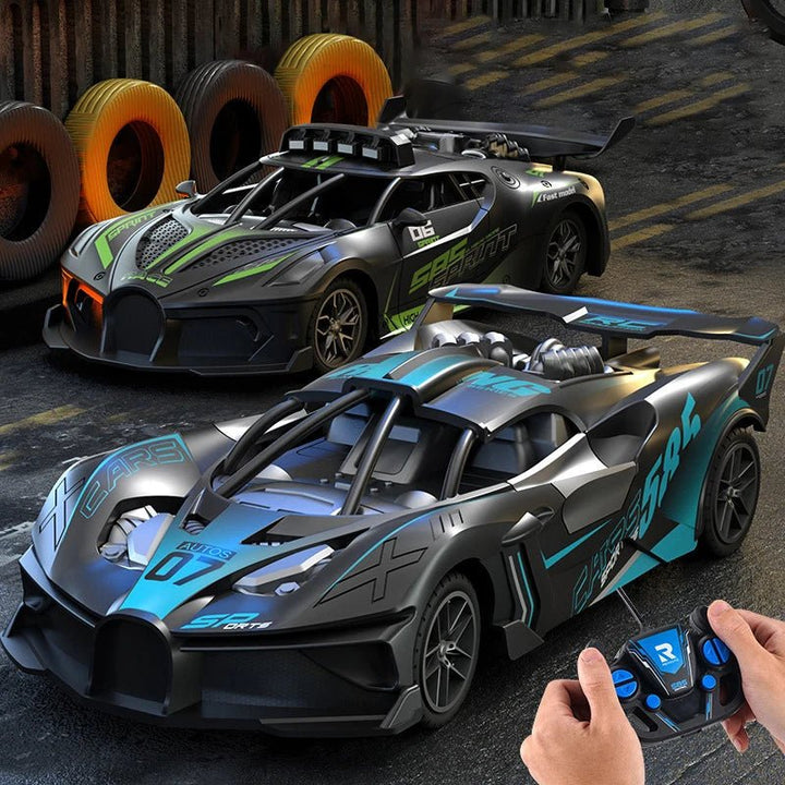 Unisex RC drift car in action, drifting. Durable 1:18 scale remote control electric toy for kids.