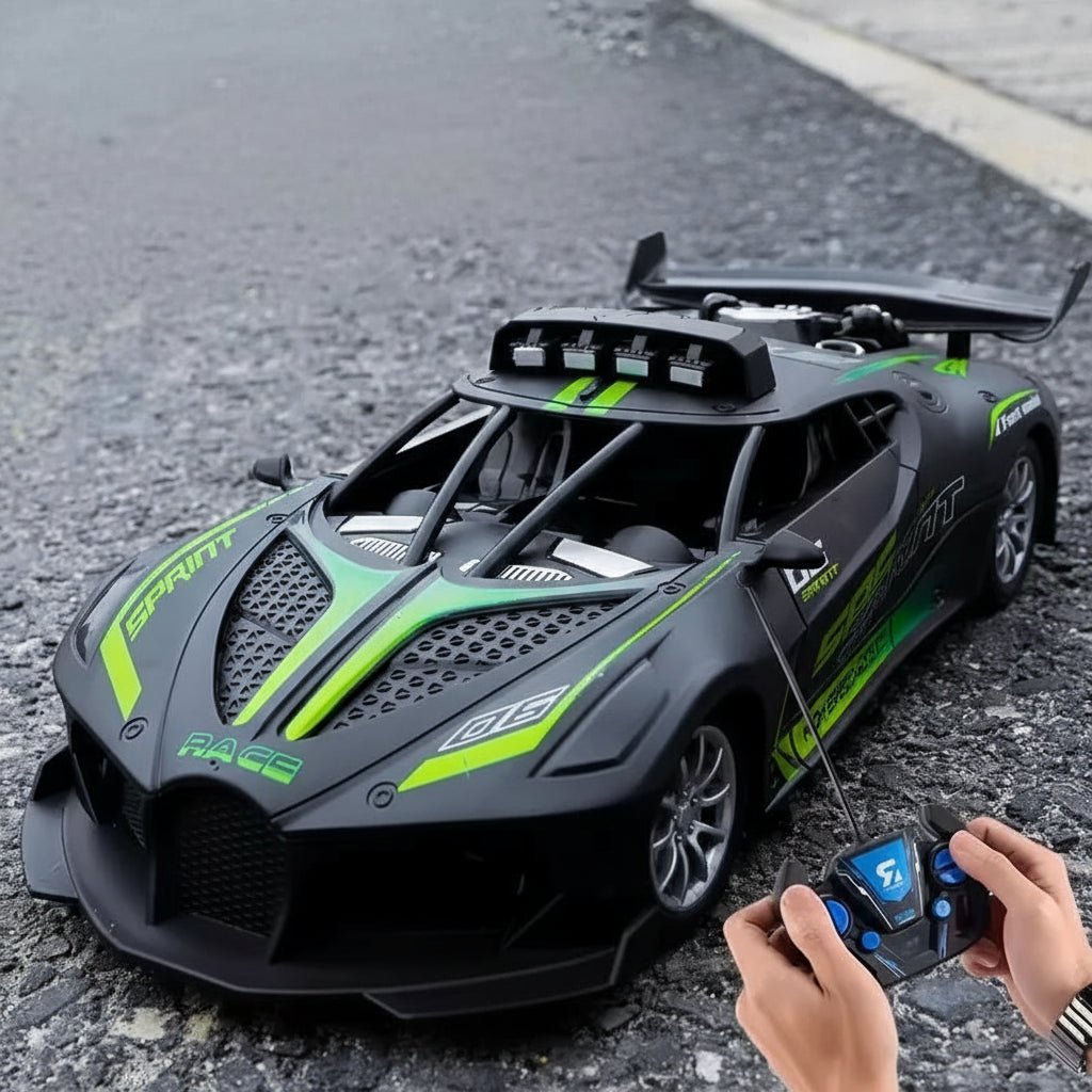 Close-up of a durable unisex 1:18 scale RC drift car. Electric remote control toy for kids' hobby.