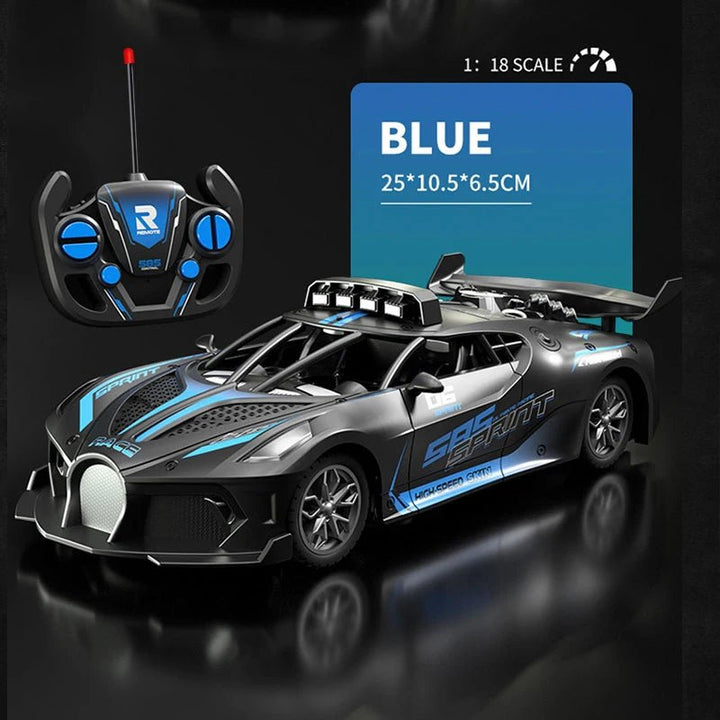 Front view of a unisex 1:18 scale RC drift car. Durable electric remote control racing toy.
