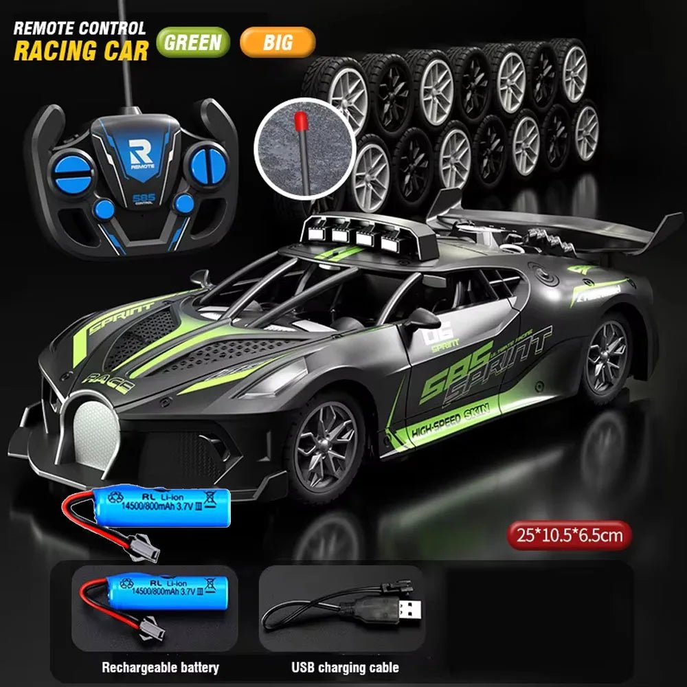 Side view of a sleek 1:18 scale RC drift car. Durable unisex remote control toy for kids.