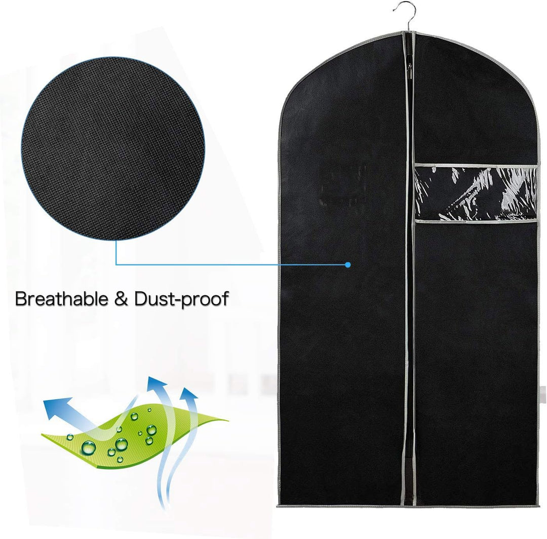 Clear window garment bags with zipper to protect suits, dresses, and clothing during travel or storage.