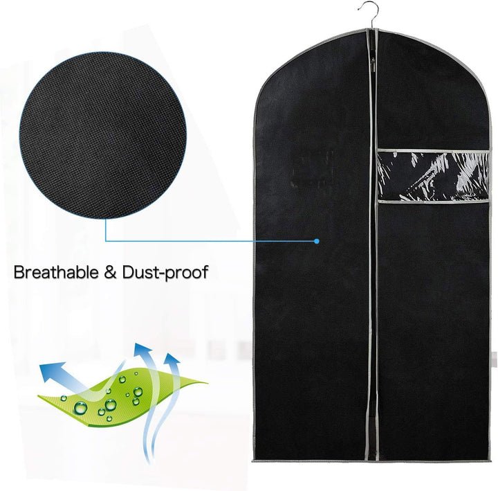 Clear window garment bags with zipper to protect suits, dresses, and clothing during travel or storage.