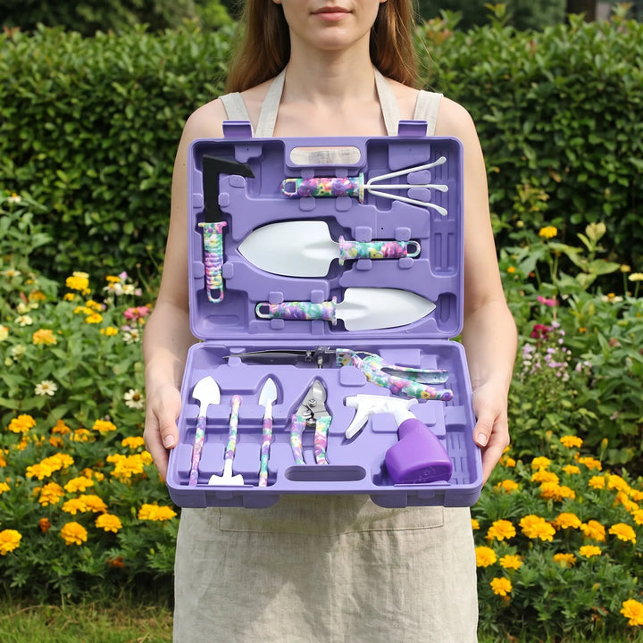 Unisex 10-piece garden tool set with storage case for planting, weeding, and potting. Complete gardening kit.
