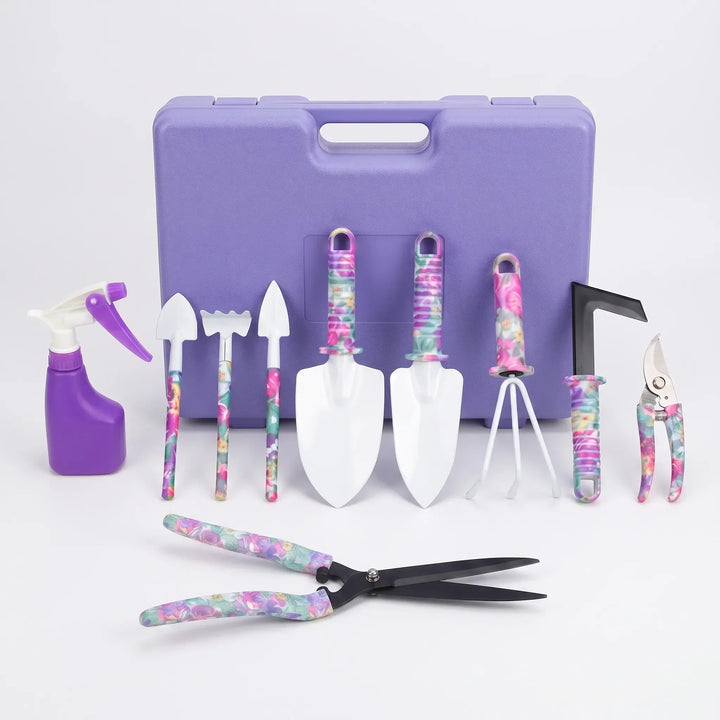 Organized 10-piece garden tool set with a portable storage case for easy access and garden maintenance.