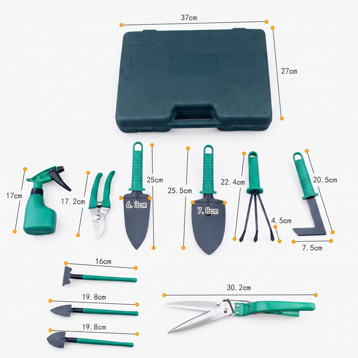 Essential 10-piece garden tool set for planting, weeding, and potting in your home or outdoor garden.