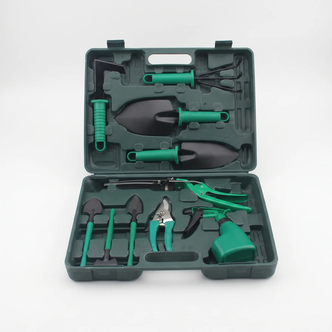 Close-up of a 10-piece garden tool set with trowel, cultivator, & hand rake, neatly stored in a robust case.