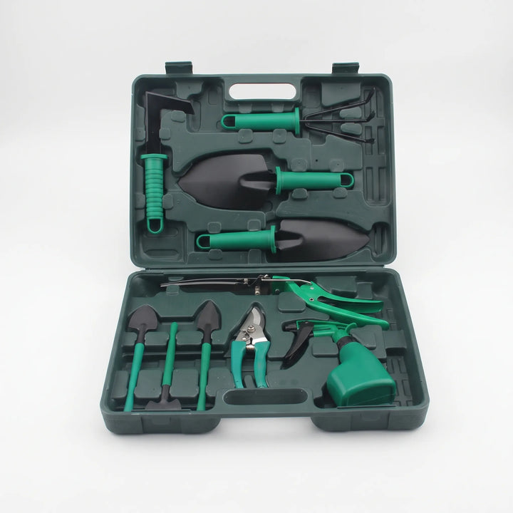 Close-up of a 10-piece garden tool set with trowel, cultivator, & hand rake, neatly stored in a robust case.