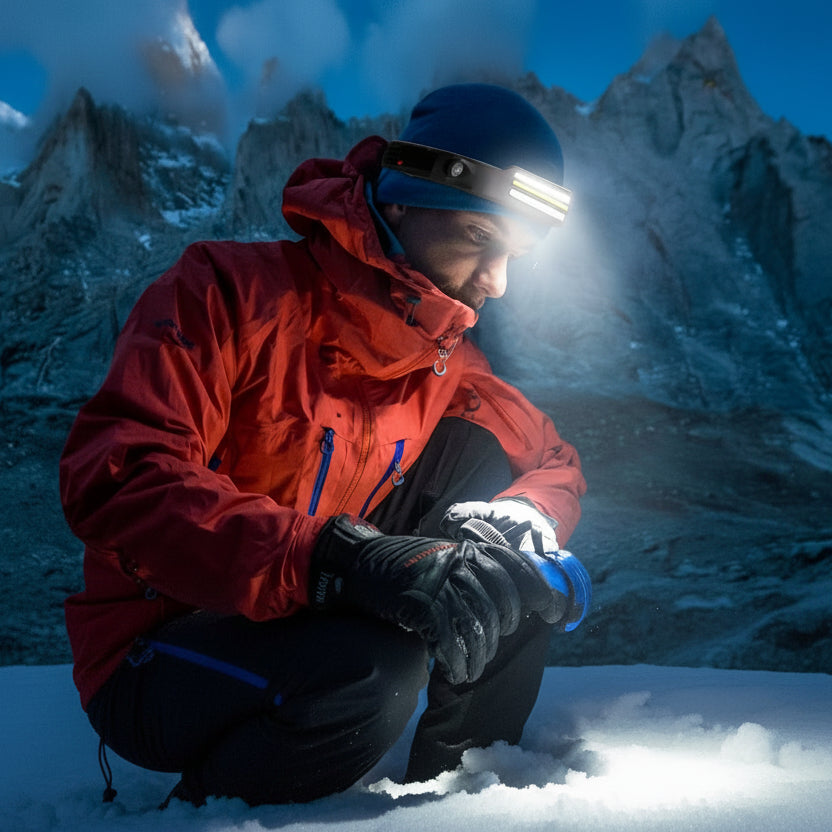 Rechargeable 1500 Lumen LED headlamp, essential safety light for camping & outdoor activities.
