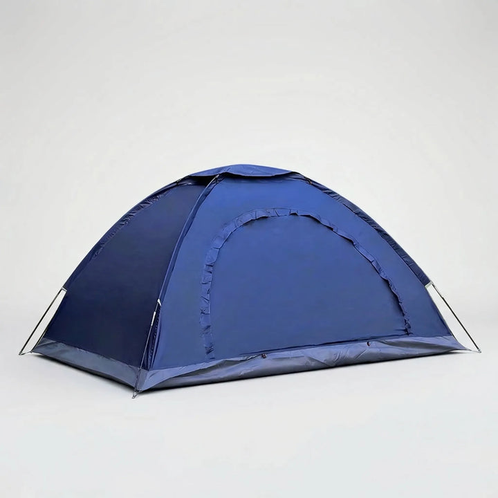 Couple enjoying the quick-setup 2-person camping tent on a mountain trail, emphasizing lightweight and outdoor fun.
