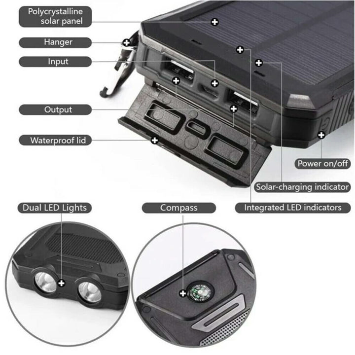 Travel-ready 20000mAh waterproof solar power bank. Portable USB charger, outdoor gear for any adventure.