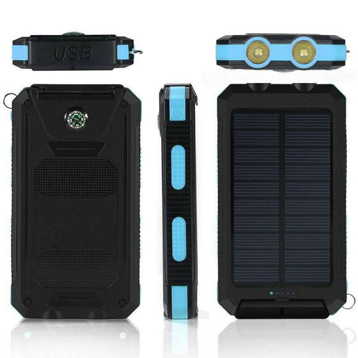 Solar panel on 20000mAh waterproof power bank. Efficient portable charger, emergency power for outdoor activities.