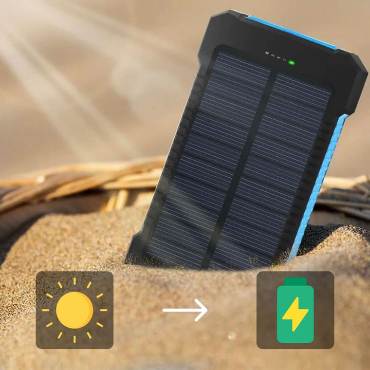 Rugged 20000mAh waterproof power bank. Portable USB charger with bright LED flashlight for outdoor emergencies.