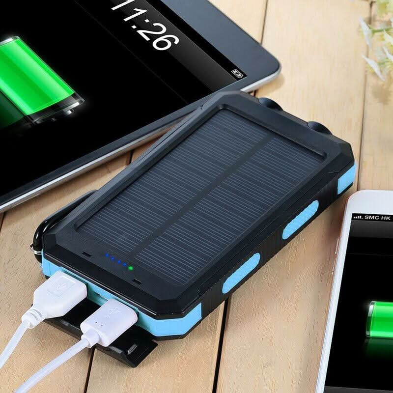 Outdoor solar power bank, 20000mAh capacity. Waterproof portable charger for camping, hiking, and travel.