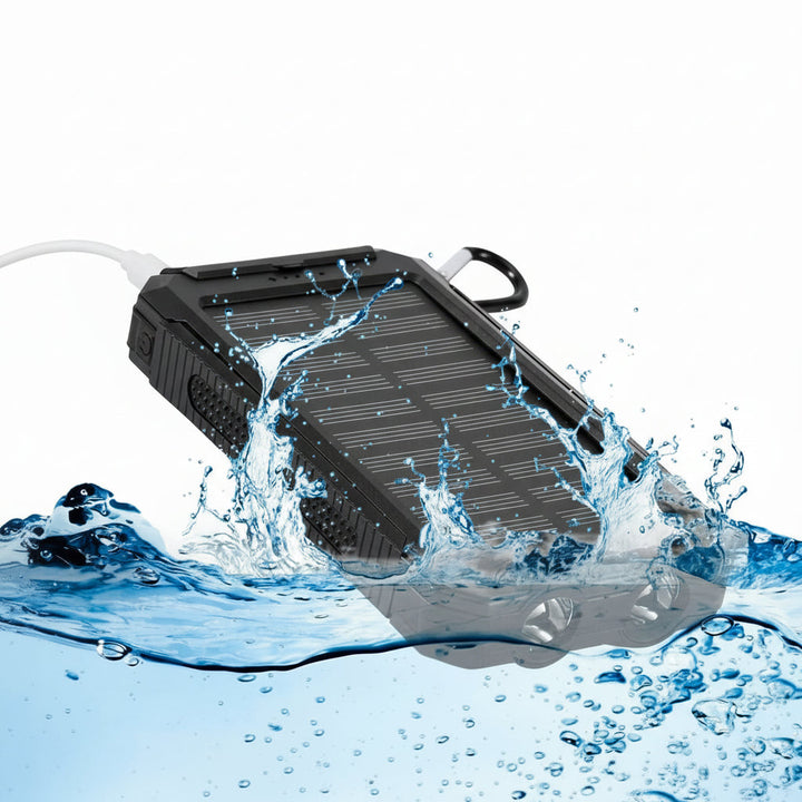 Unisex waterproof 20000mAh solar power bank with built-in LED flashlight. Essential portable emergency charger.