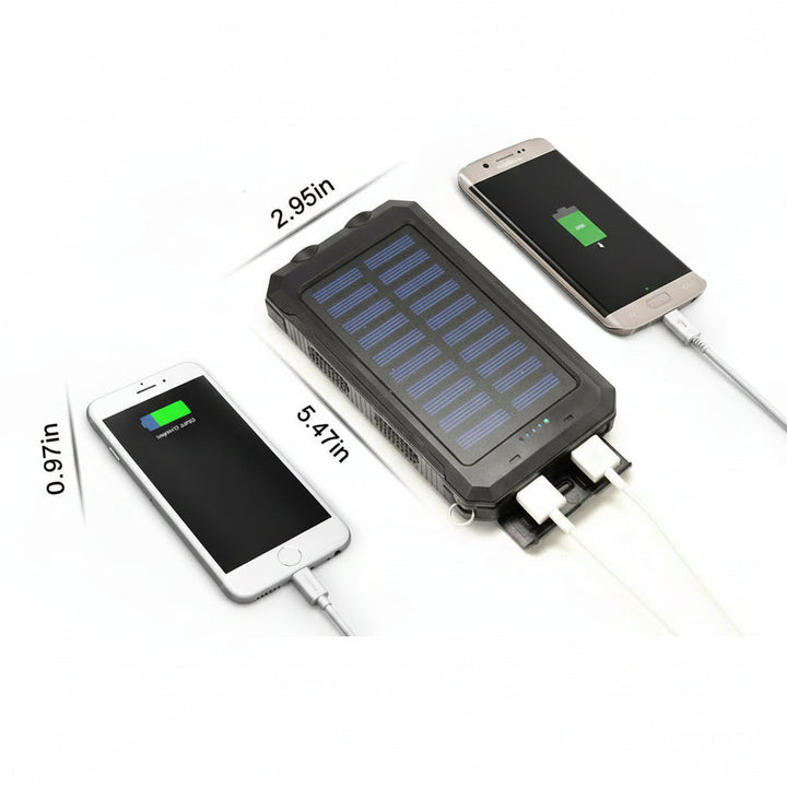 Compact 20000mAh waterproof solar power bank. Lightweight portable charger for travel, hiking, and outdoor adventures.