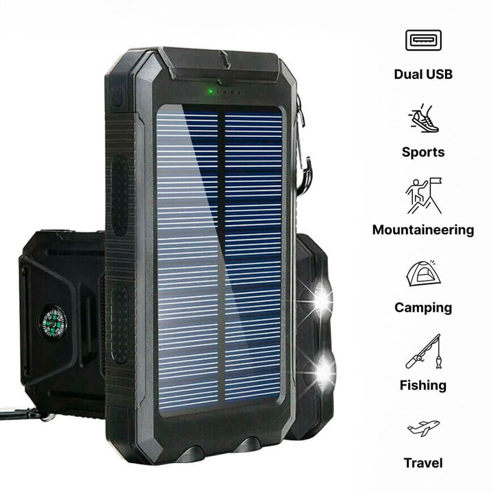 Unisex portable 20000mAh waterproof solar power bank. Essential outdoor gear & USB charger for all devices.