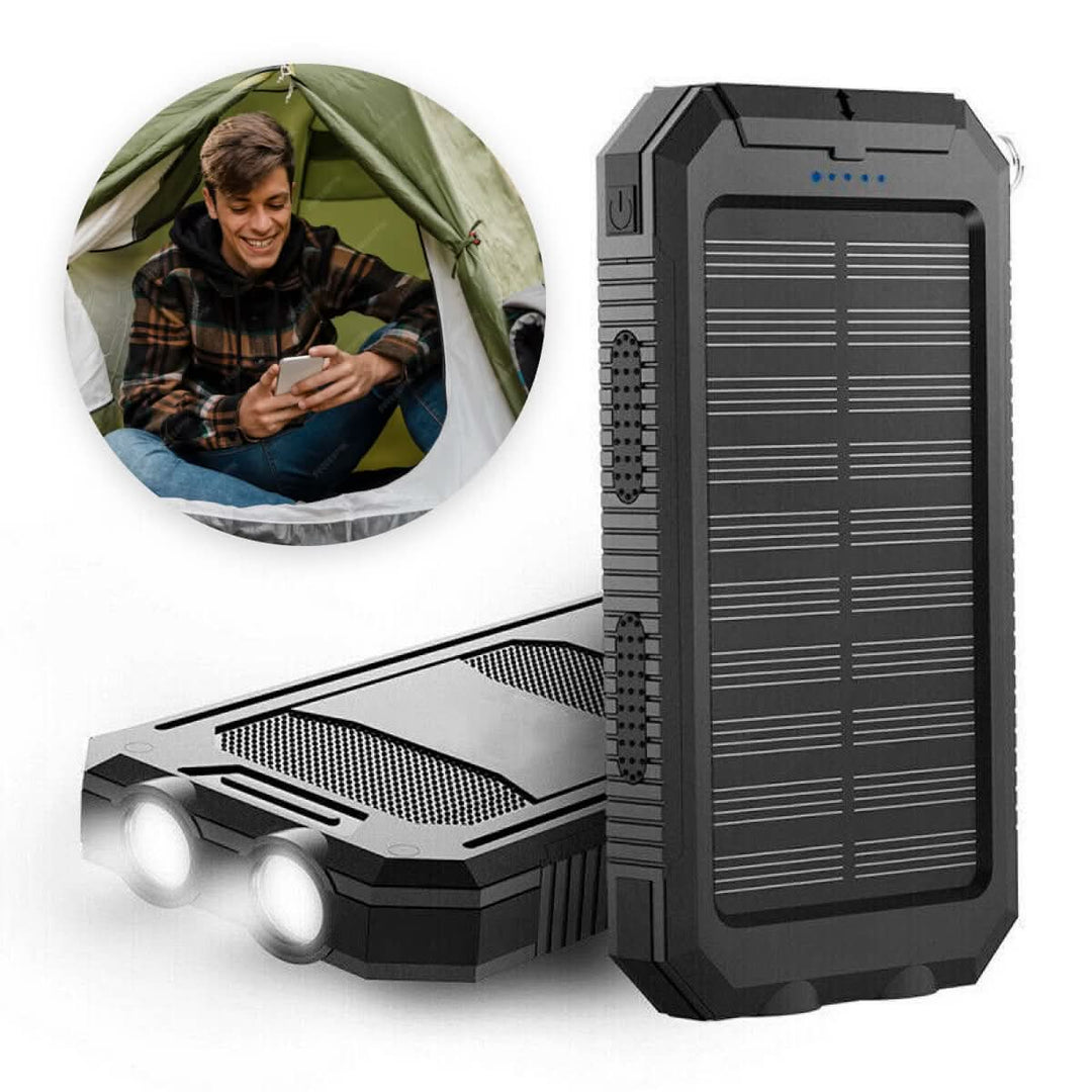 Detailed view: Unisex 20000mAh waterproof solar power bank. Durable portable charger with multiple USB ports.