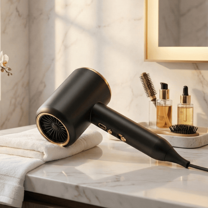 Unisex 2400W ionic hair dryer for fast drying, smooth styling & frizz control. Professional hair care tool.