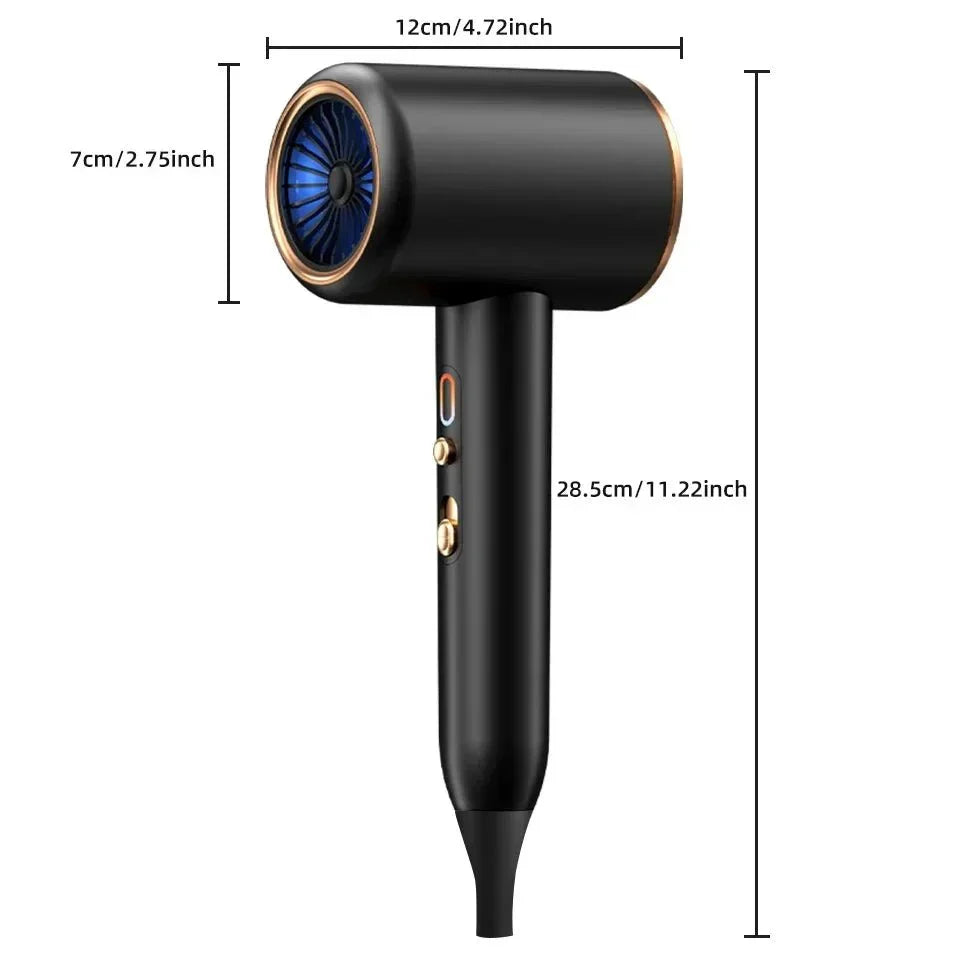 User styling hair with a professional 2400W ionic hair dryer for smooth, frizz-free results & shine.