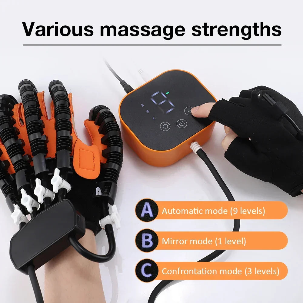 Advanced electric hand therapy glove for stroke recovery, physical therapy, and finger training exercises.
