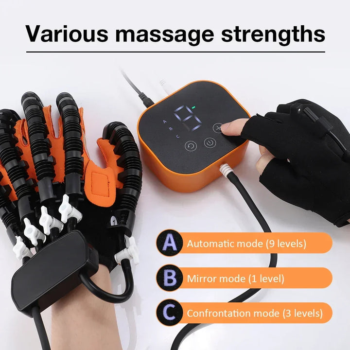 Advanced electric hand therapy glove for stroke recovery, physical therapy, and finger training exercises.