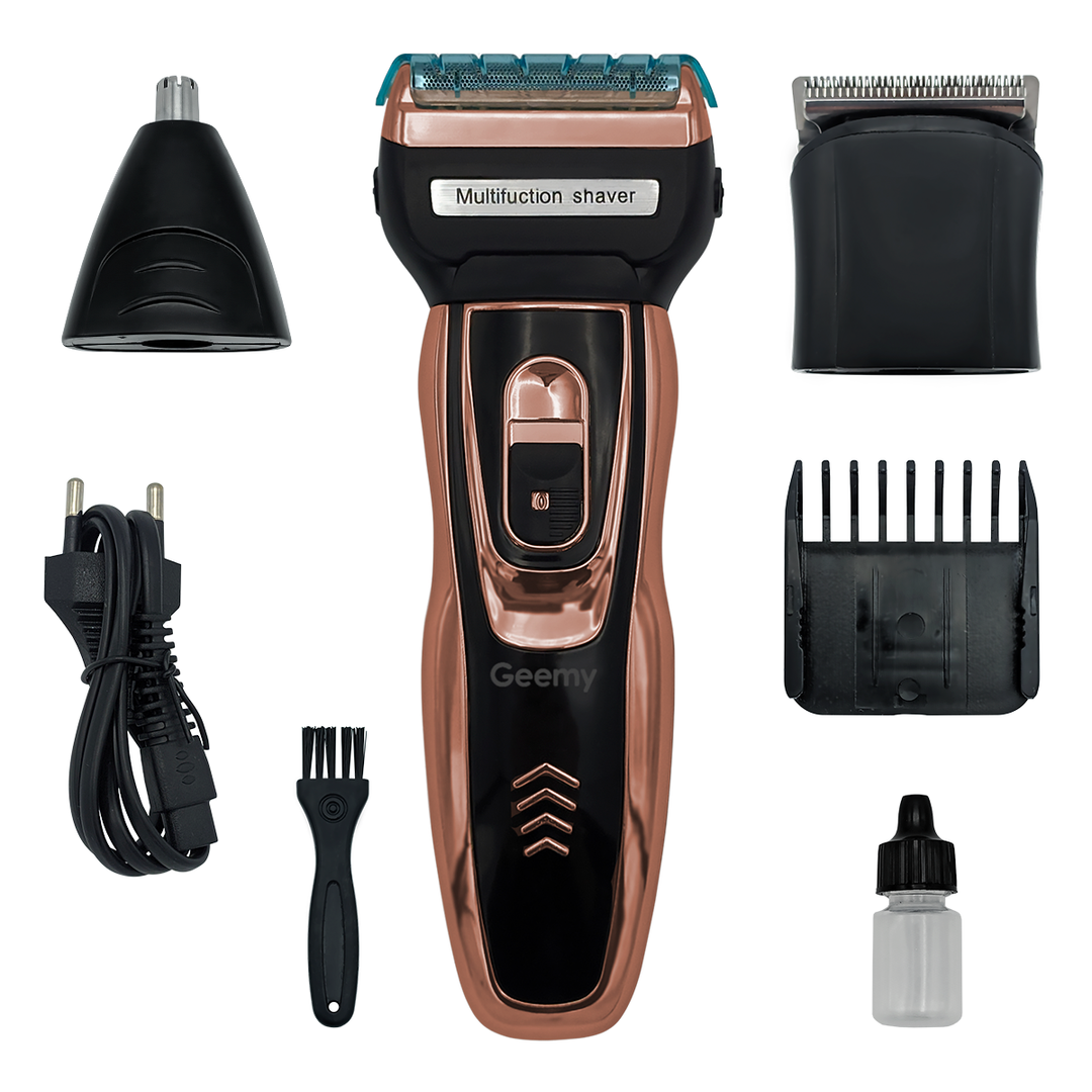 Unisex 3-in-1 electric shaver and trimmer for face, body, and nose grooming. Rechargeable & travel friendly.
