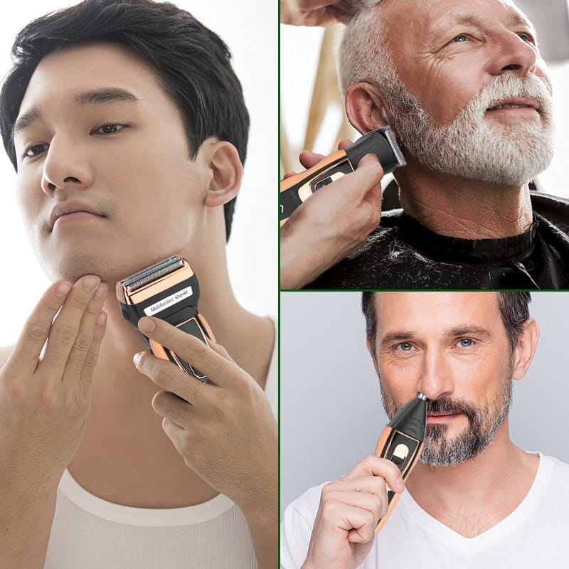 Multi-functional electric shaver with interchangeable heads for beard trimming, nose hair, and body grooming.