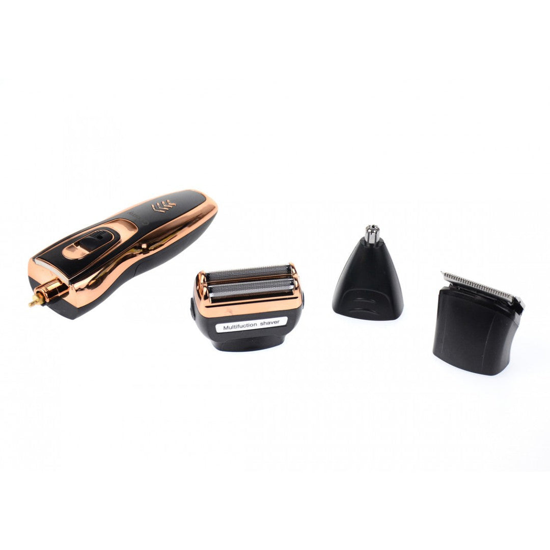 Unisex facial groomer and body shaver with nose trimmer attachment for complete personal care. Cordless & portable.