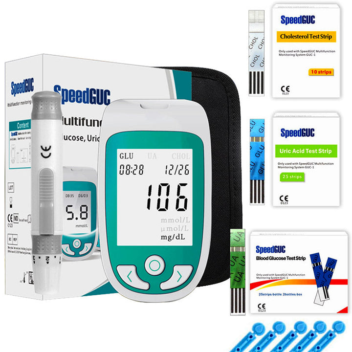 Unisex 3-in-1 health monitor for at-home cholesterol, glucose, and uric acid testing. Personal wellness device.