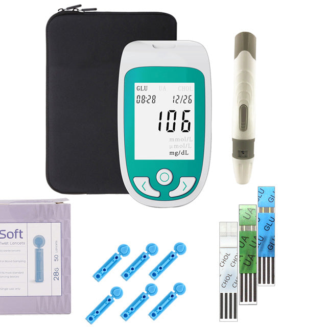 Digital health monitor kit for convenient at-home cholesterol, glucose, and uric acid tests. Diabetes management.