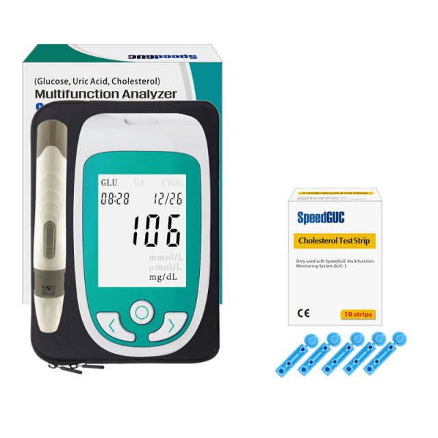 Close-up of a home health monitor screen showing accurate cholesterol, glucose, and uric acid test results.