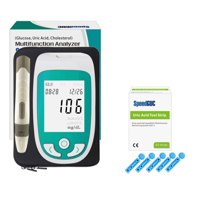 Portable health monitor for quick at-home blood sugar, cholesterol, and uric acid screening. Personal health.