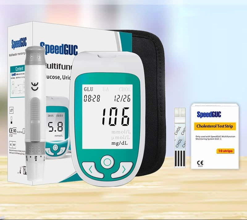 Complete kit for 3-in-1 health monitoring: testing cholesterol, glucose, and uric acid levels easily at home.