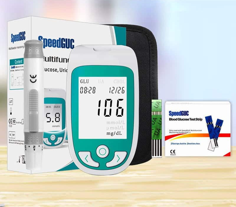 Unisex device for proactive wellness, performing at-home cholesterol, glucose, and uric acid checks.