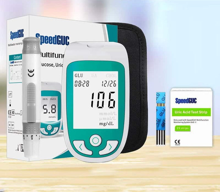 Home test kit featuring a 3-in-1 health monitor for blood glucose, cholesterol, and uric acid measurements.