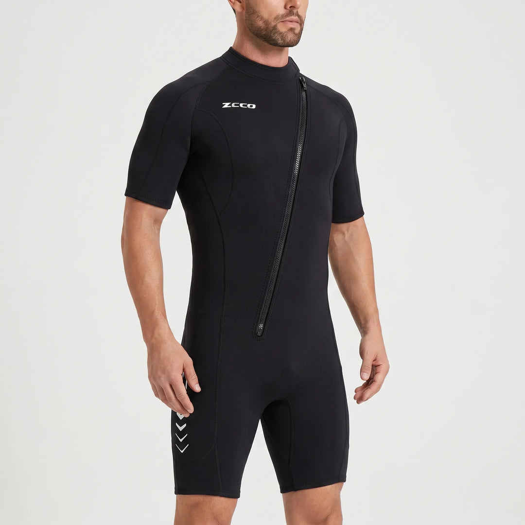 Unisex 3mm front-zip shorty wetsuit. Ideal for warm water surfing, diving, and swimming.
