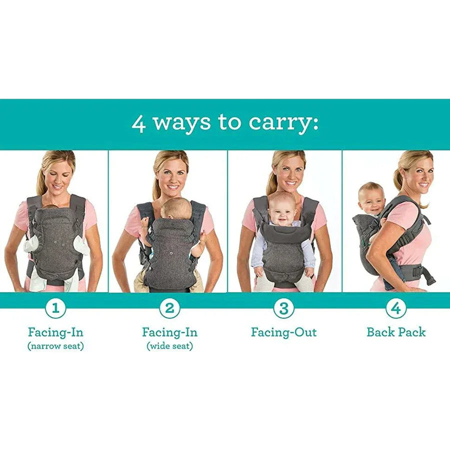 Unisex gray 4-in-1 ergonomic baby carrier folded for storage, showing its compact and portable design.