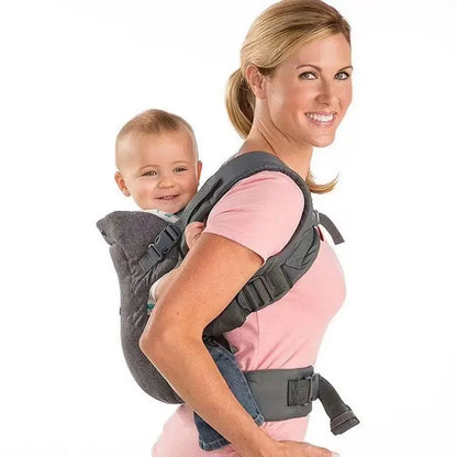 Gray ergonomic baby carrier with a detachable hood, providing sun protection for baby in the sling.