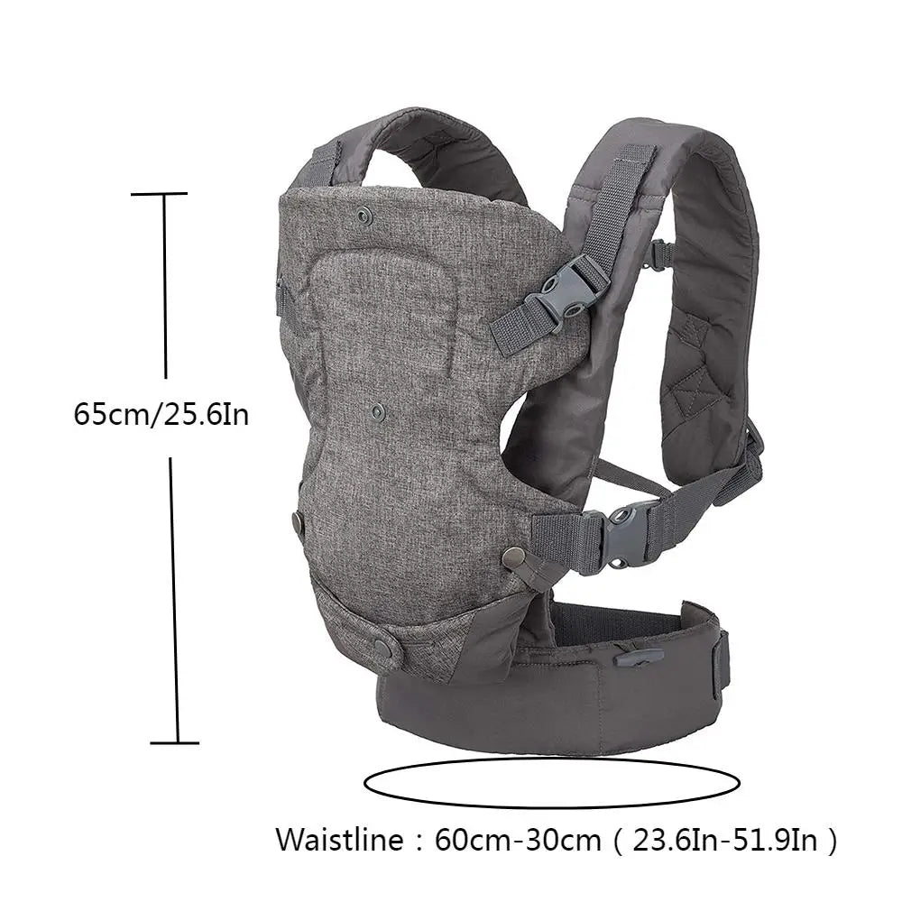 Convertible gray baby carrier showing four carrying positions, ergonomic design for baby and parent comfort.