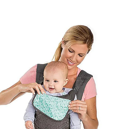 Close-up of the adjustable lumbar support on the gray 4-in-1 ergonomic baby carrier, a hands-free solution.