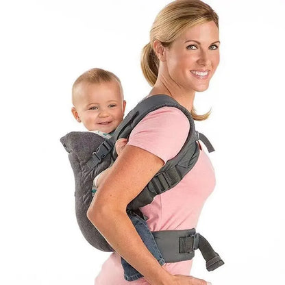 Parent wearing gray ergonomic baby carrier with baby facing in, highlighting hands-free design and support.